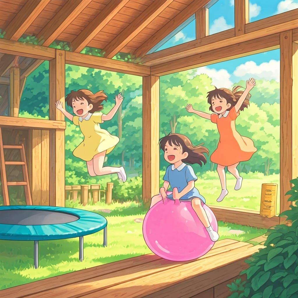 Cheerful School Girls Playhouse in Ghibli Style