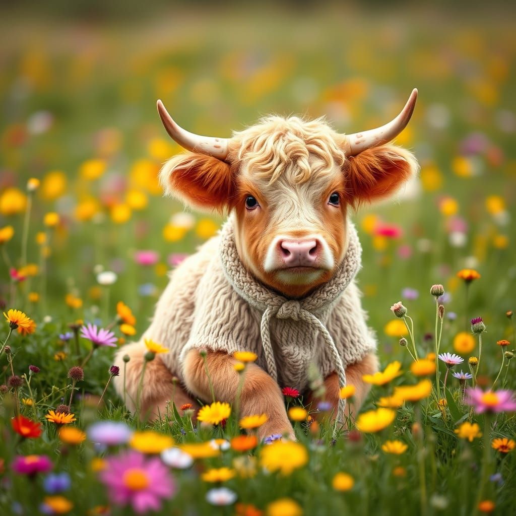 Highland Cow Calf in Wildflower Meadow