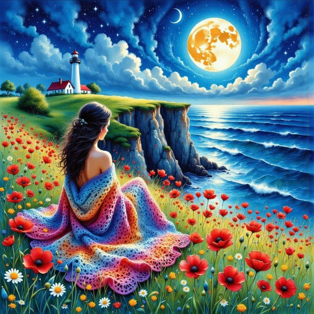 Woman in Poppy Field Under Starry Night Sky