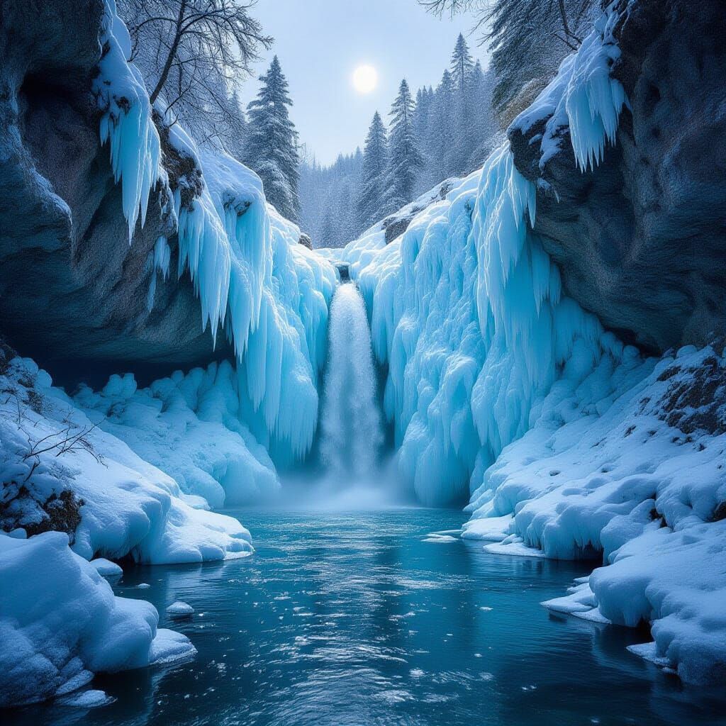 Enchanting Frozen Waterfall in Mountain Canyon