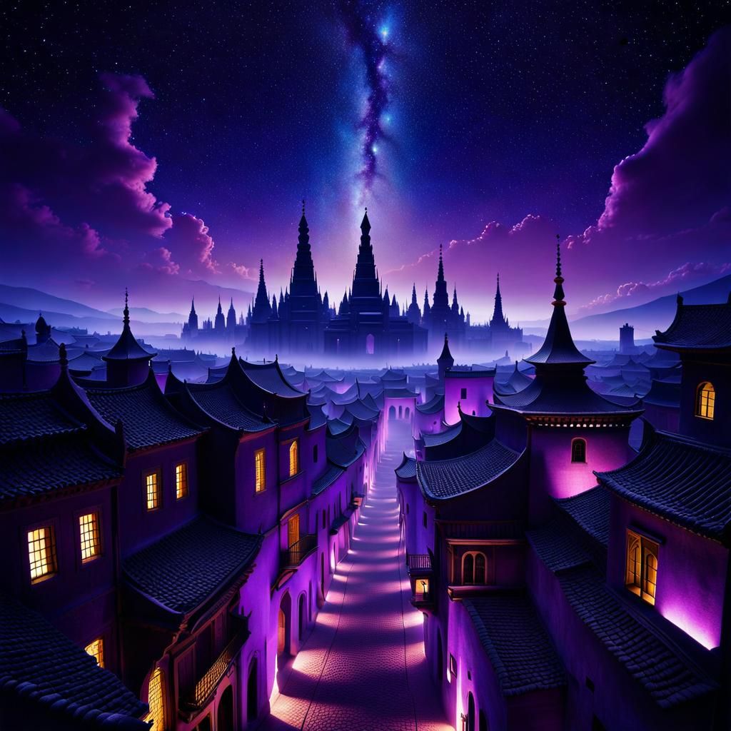 Ancient Cityscape Under Starry Sky in Ultraviolet