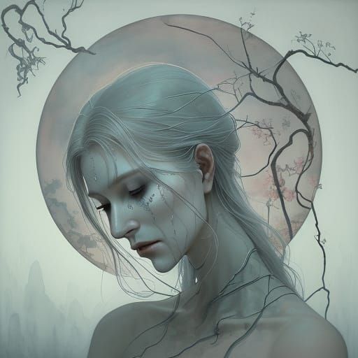 Ethereal Woman Sits in Abandoned Garden, Surrounded by Wilti...