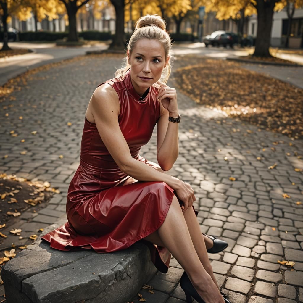 Woman in Red PVC Dress: Hyper-Realistic Portrait