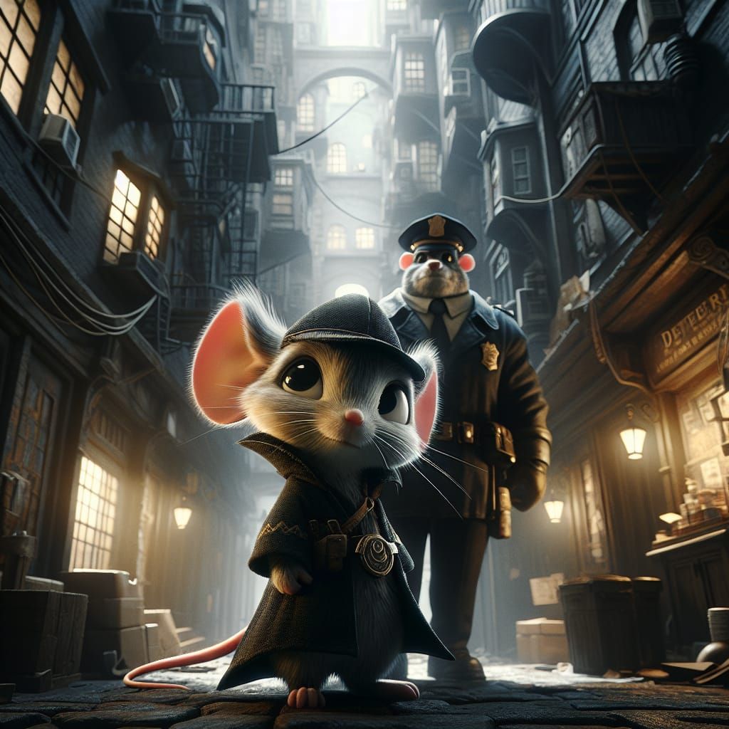 Mouse Sorcerer Detective in Shadowy Cityscape