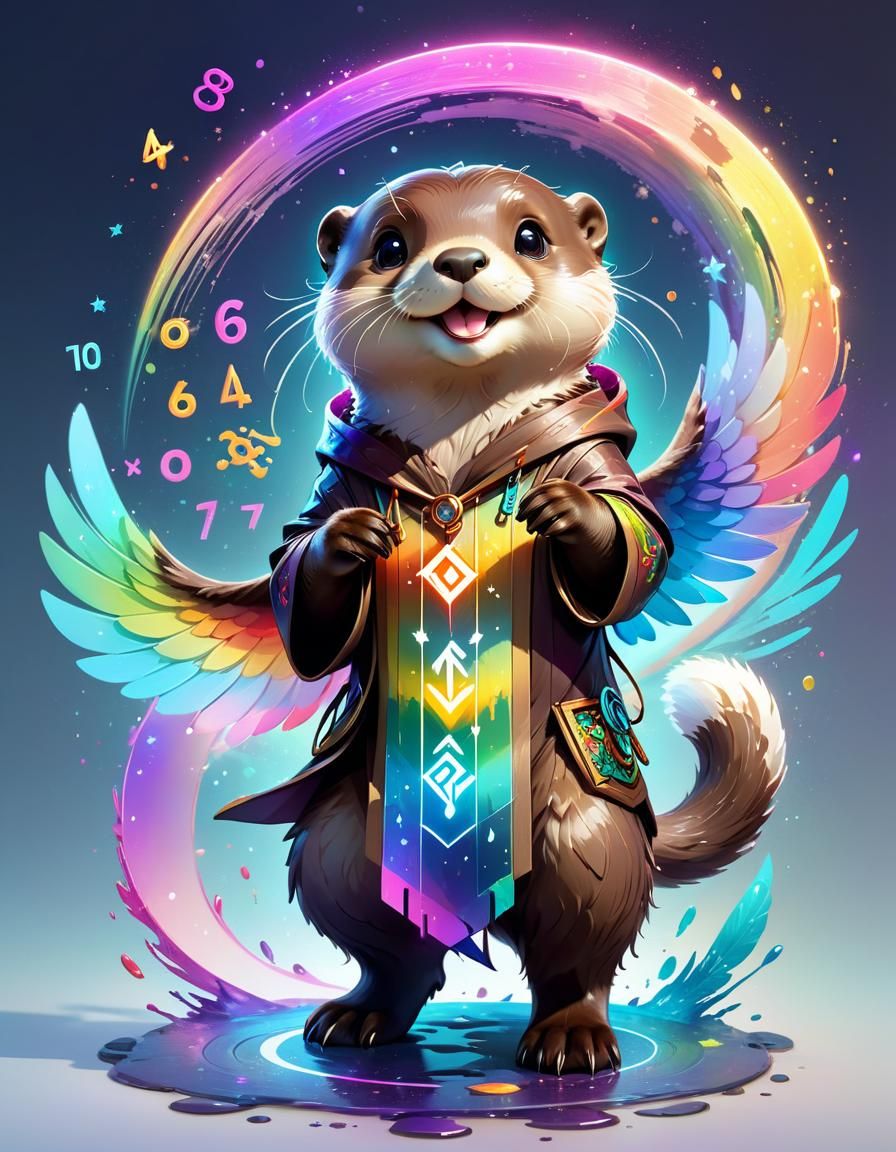 Chibi Otter Wizard Casting Magic with Rainbow Wings