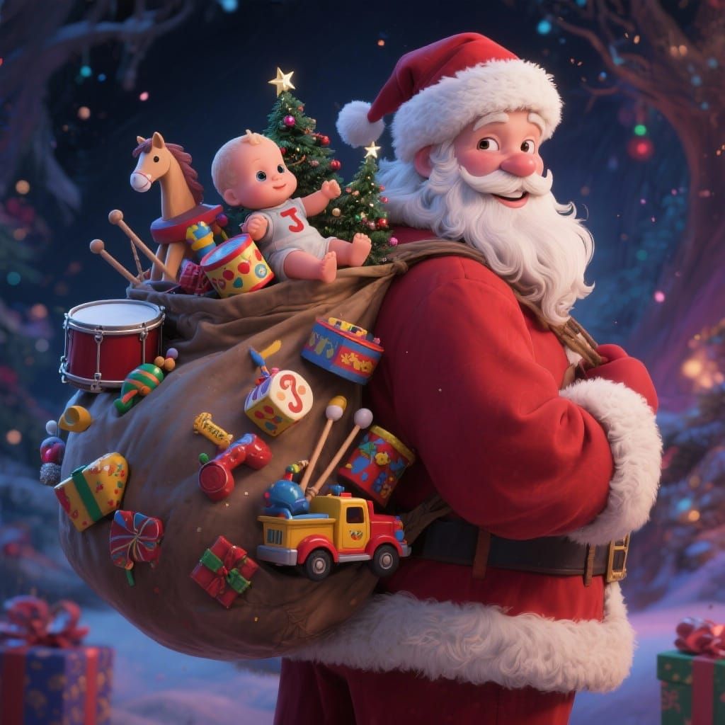 Hyperrealistic Cartoon Santa Claus With Toy Bag