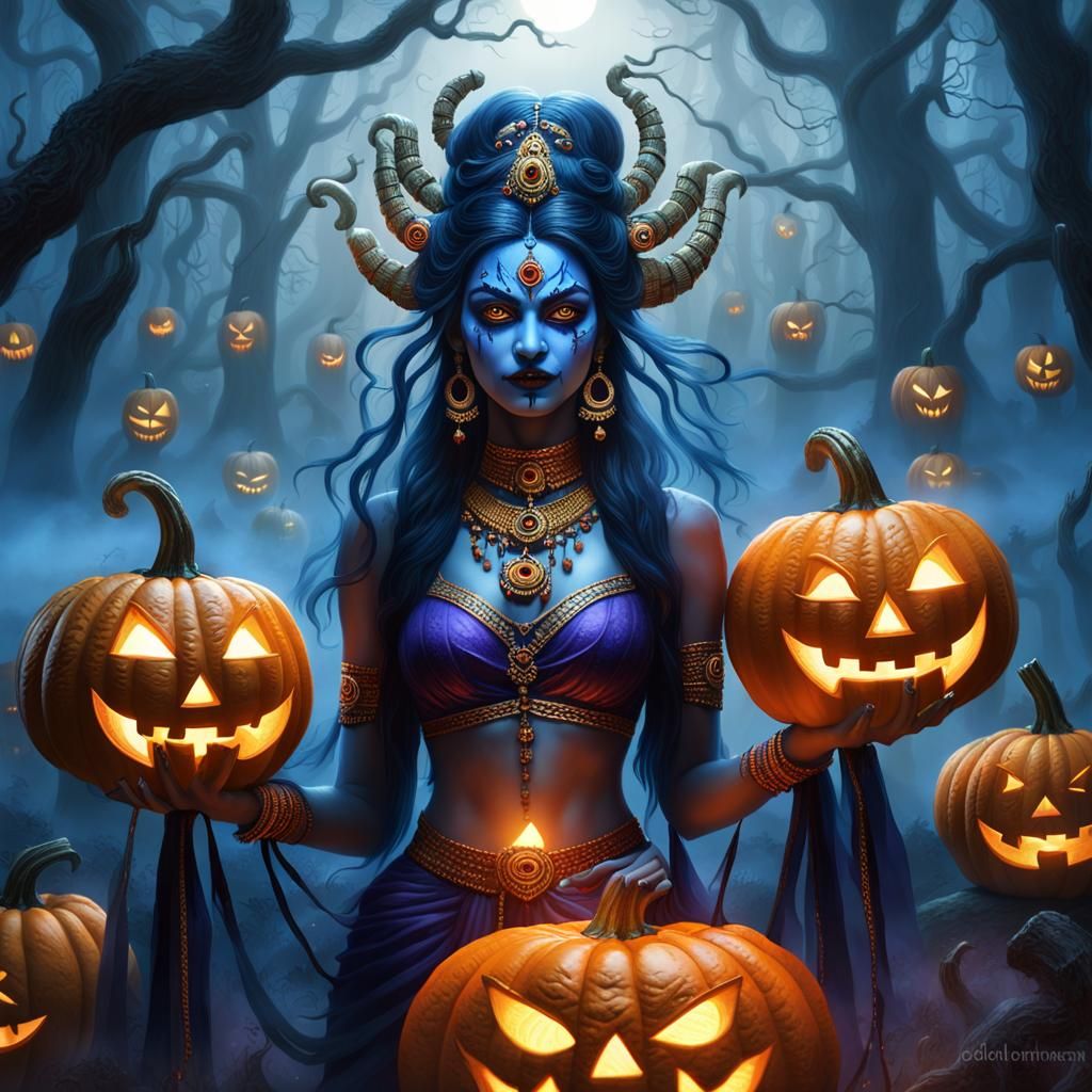 Mystical Kali Goddess Amidst Twisted Jack o Lanterns
