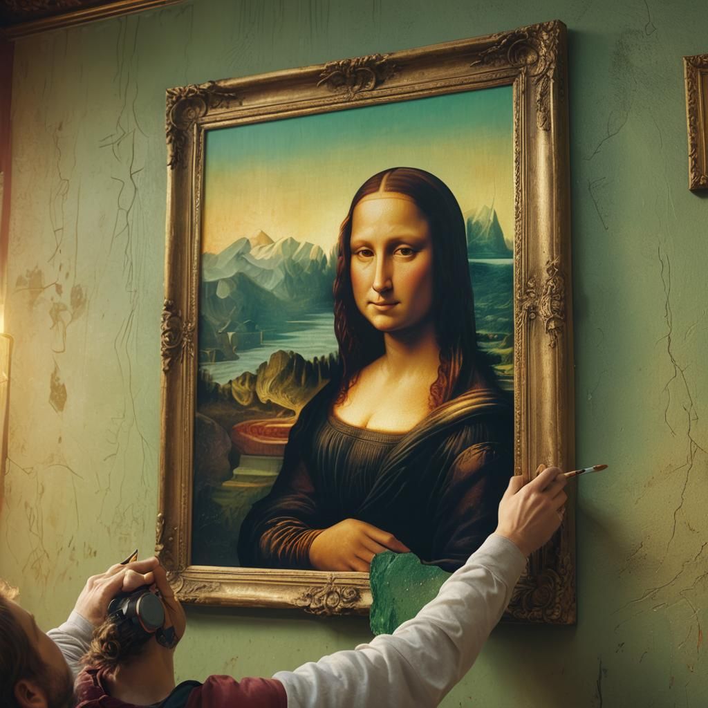 Artist Falling with Mona Lisa Painting