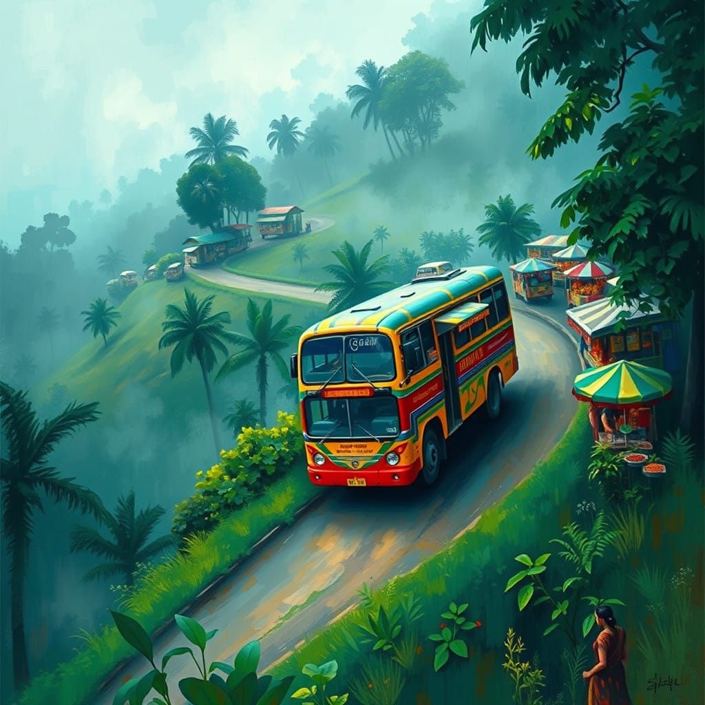Vibrant Indian Hill Station Scene in Impressionist Style