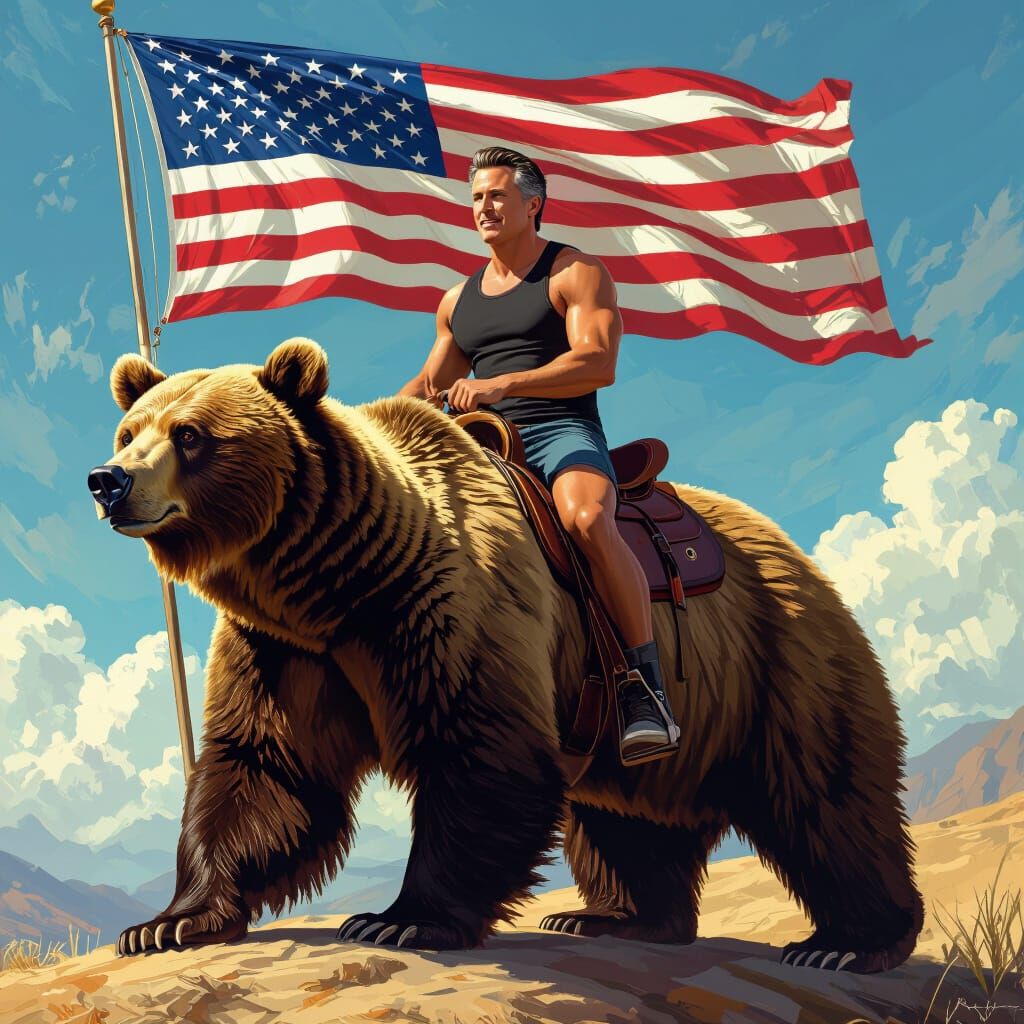 Gavin Newsom Rides a Bear with US Flag