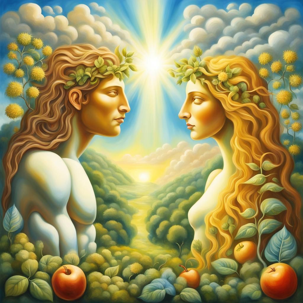 Adam and Eve in Surreal Naive Style