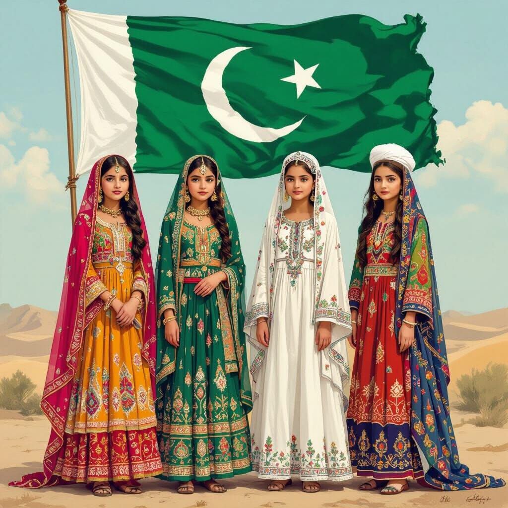 Pakistani Girls in Traditional Dress, Angelic Illustration