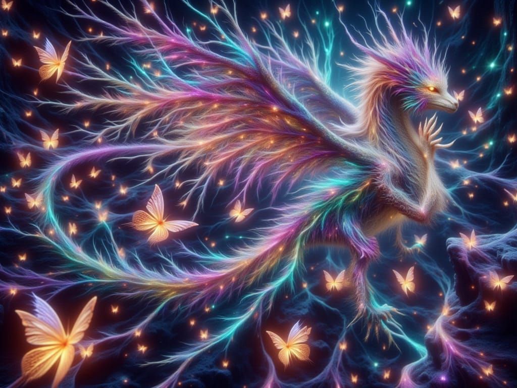 Mycelial Dragon Soaring Among Luminescent Butterflies