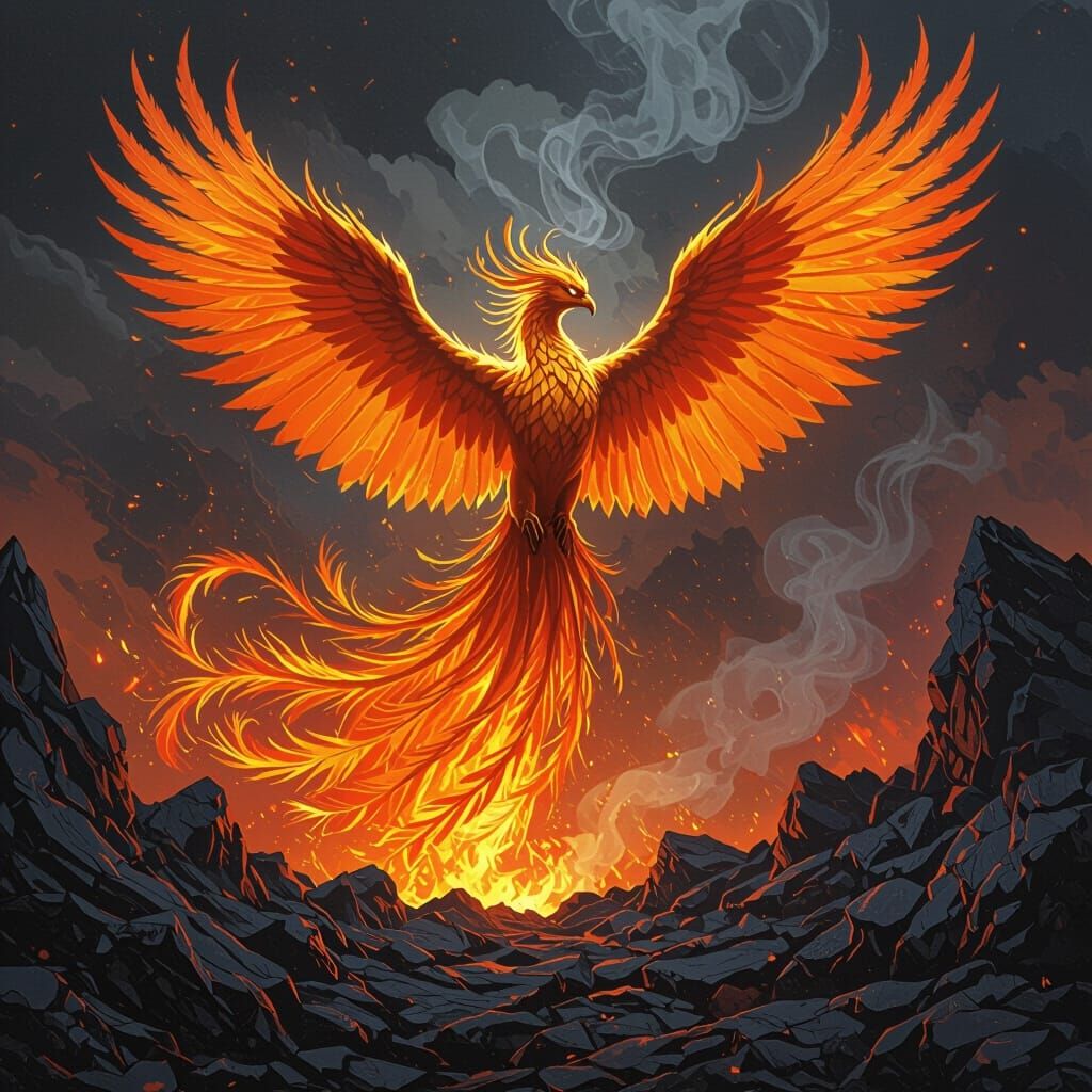 Phoenix Rises from Volcano in Fantasy Art Style