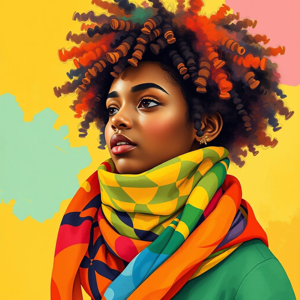 Woman with Curls in Watercolor Digital Art Style