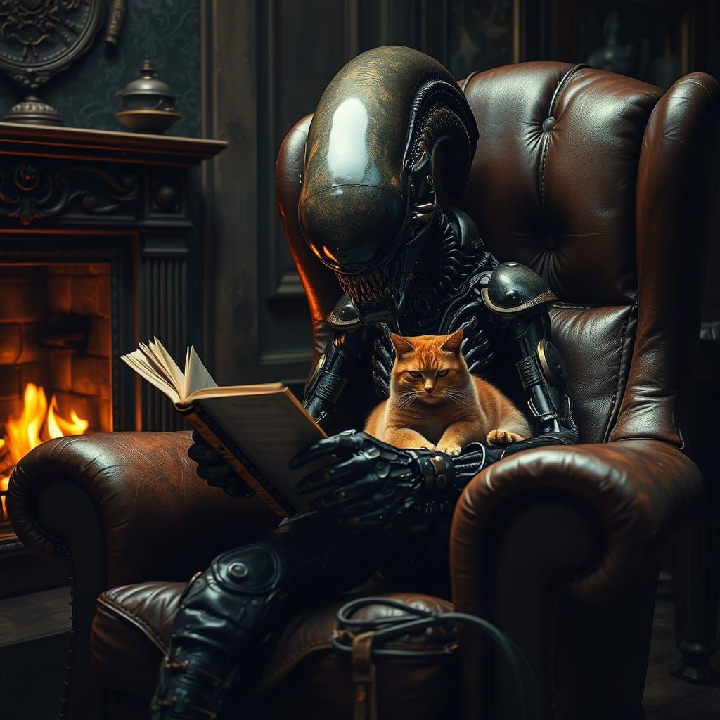 Xenomorph Reading with Cat in HR Giger Style