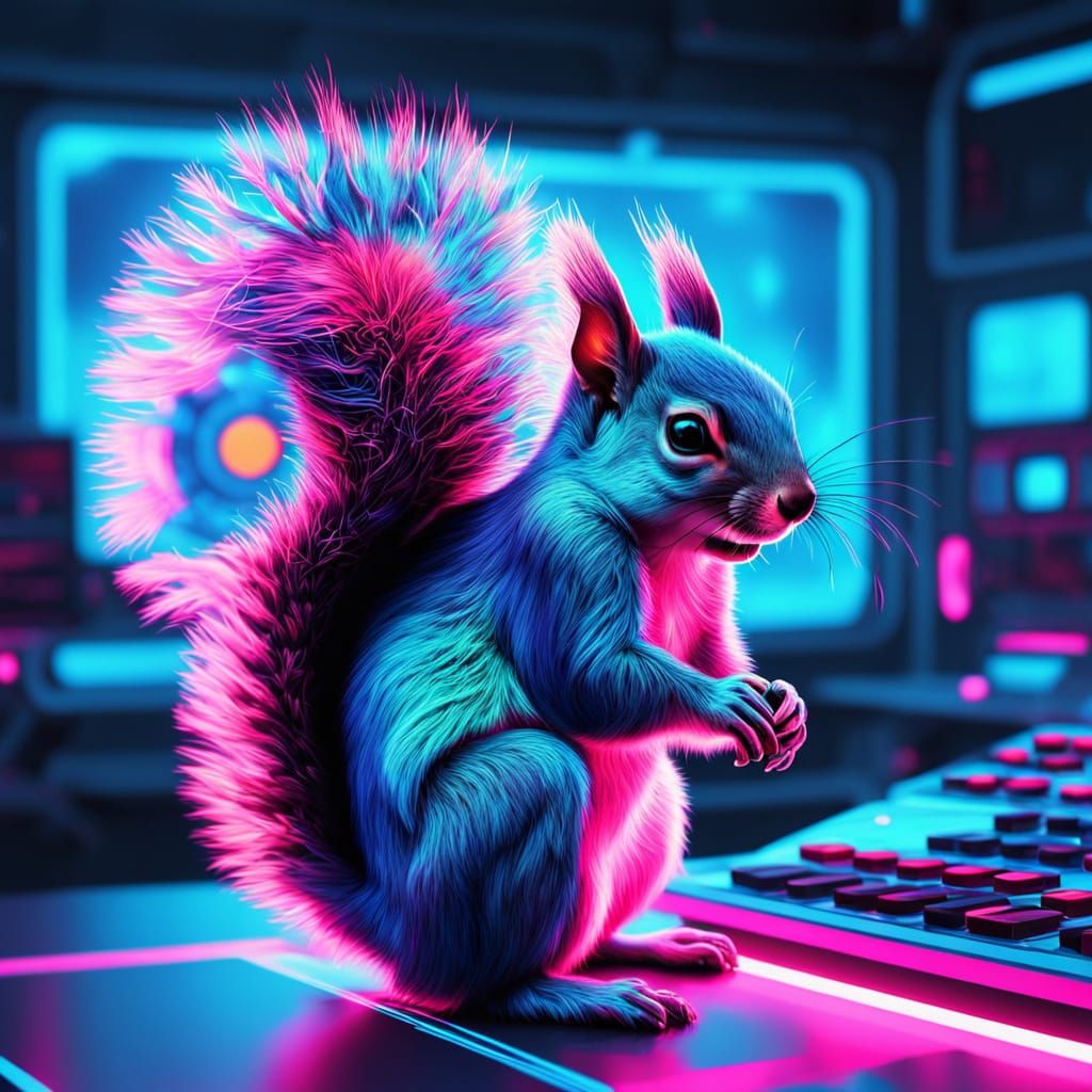 Glowing Holographic Squirrel in Futuristic Lab
