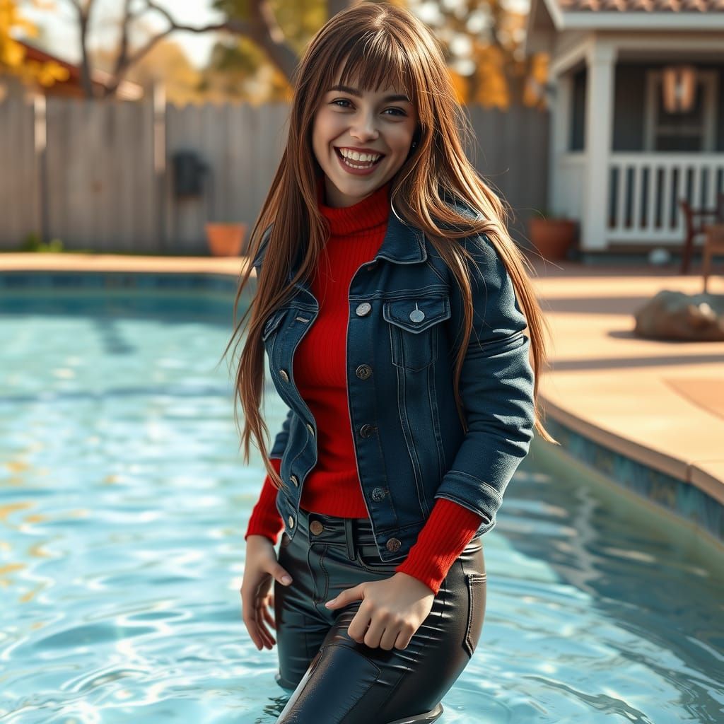 Joyful Woman in Pool on Autumn Afternoon