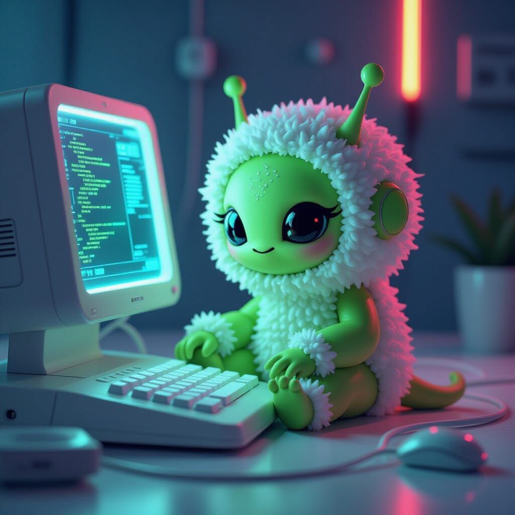 Kawaii Alien on Neon Computer in Digital Art Style