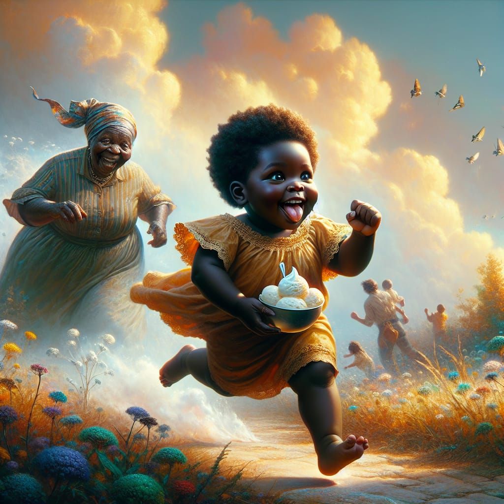 Joyful Black Girl Stealing Ice Cream: Impressionistic Oil Pa...