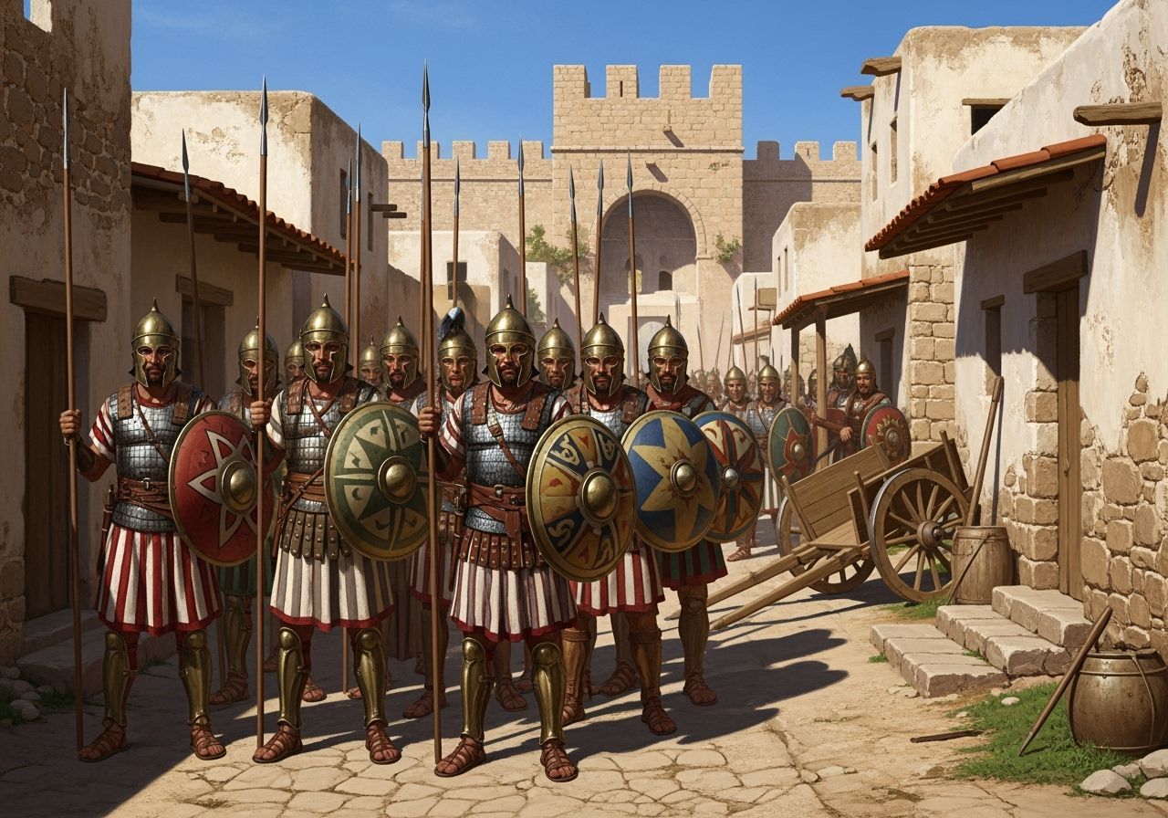 Phoenician Warriors Block Ancient Street, Historical Paintin...