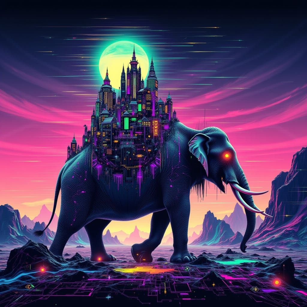 Fantastical City on Elephant in Glitch Art Style