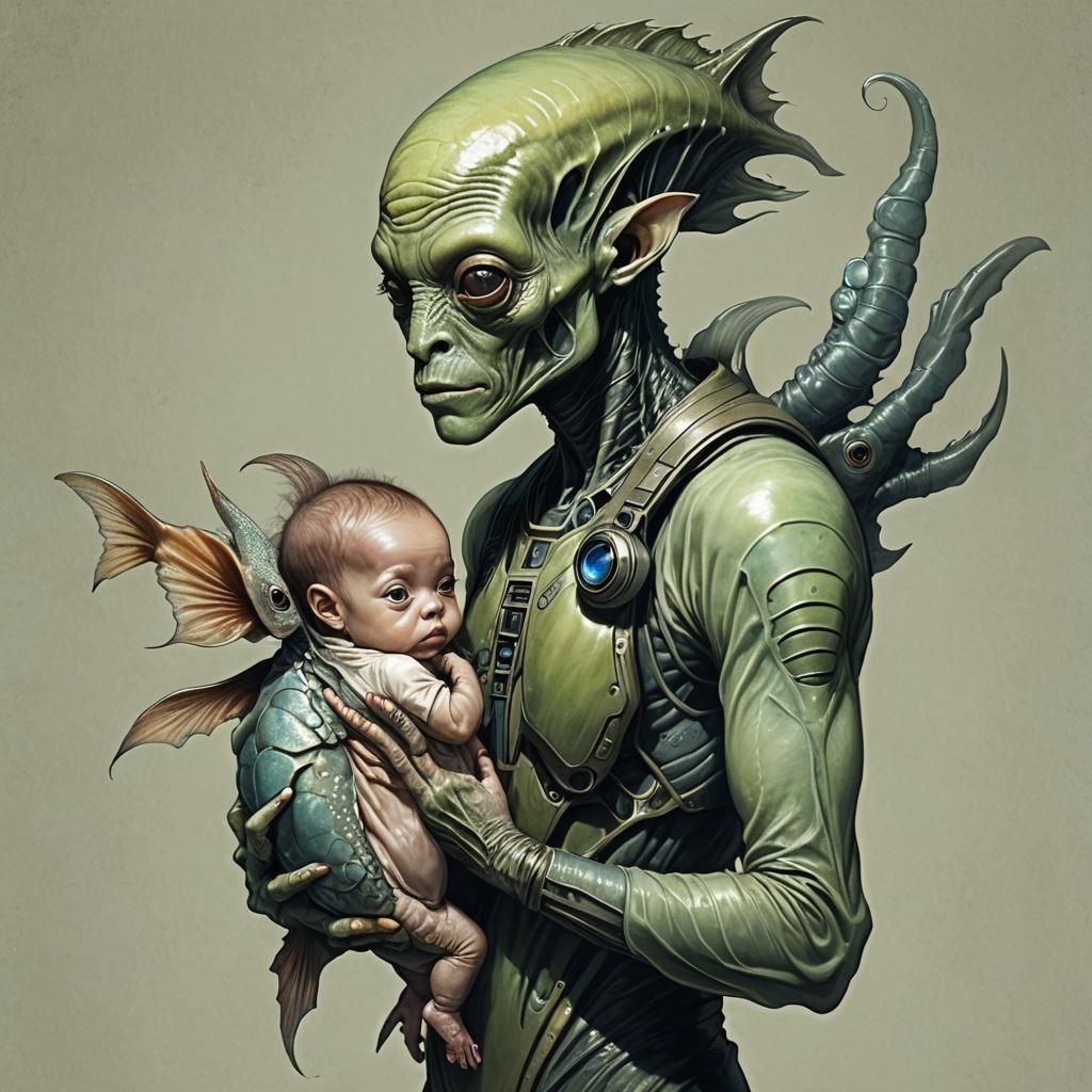 Alien Fish-Human Hybrid with Offspring