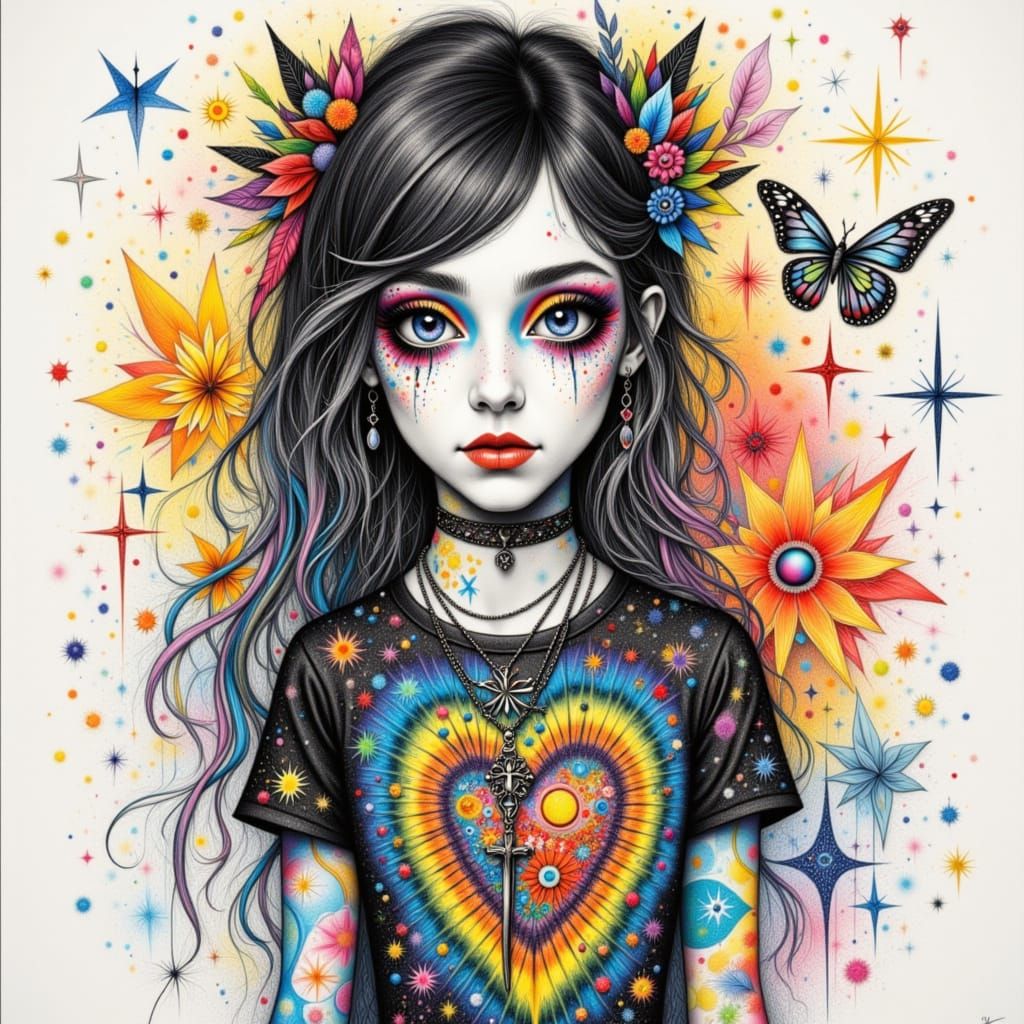 <lora:Punk Faith 1:1.0> <lora:Gothic Pencil:1.0> <lora:Patchwork Flux:1.0> <lora:Icon:1.0>  A vibrant tie-dyed t-shirt, ...