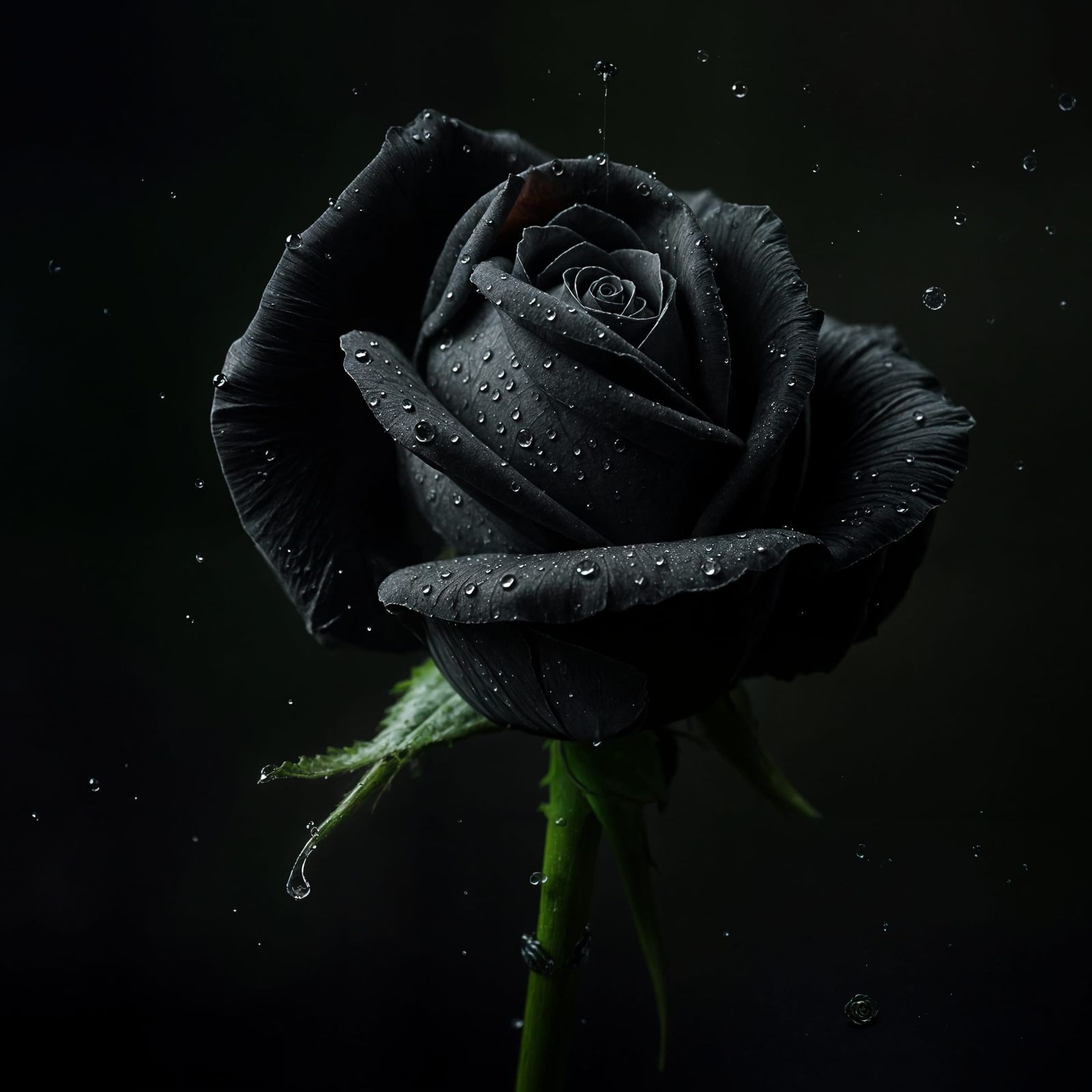 Dramatic Black Rose with Raindrops in Cinematic Style