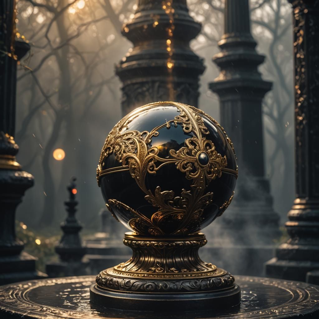 Glossy Gold Orb on Misty Pedestal: HDR Digital Art