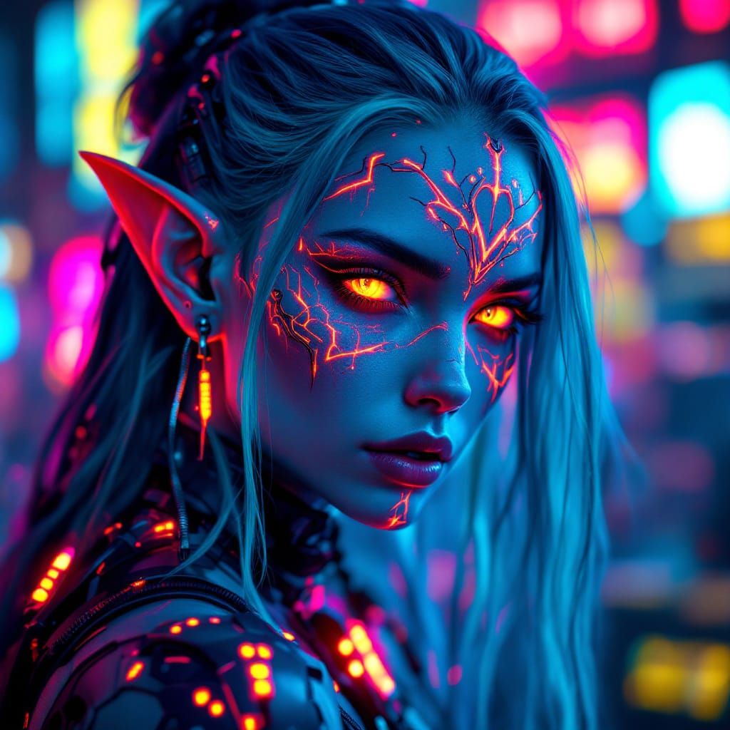 Neon Elf Portrait in Cyberpunk Rave