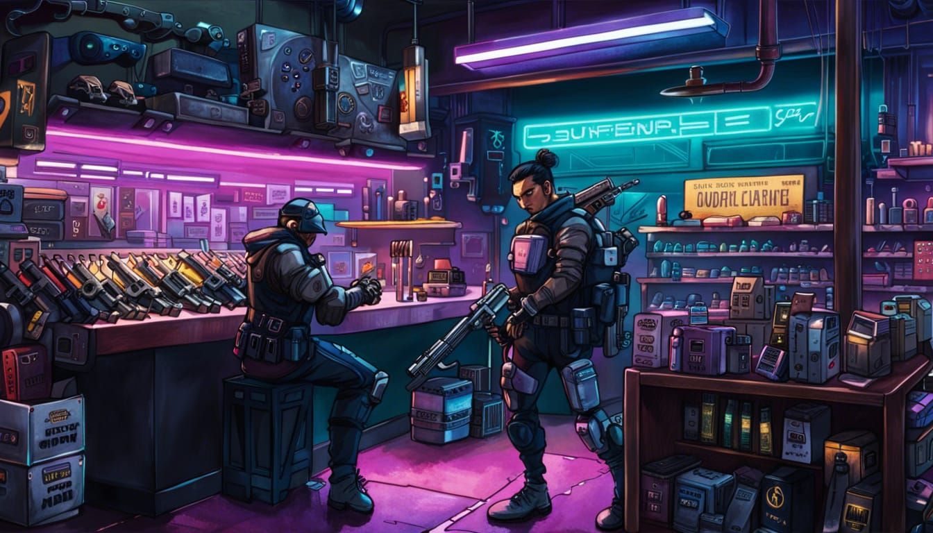 Cyberpunk Gun Store with Robot Merchant