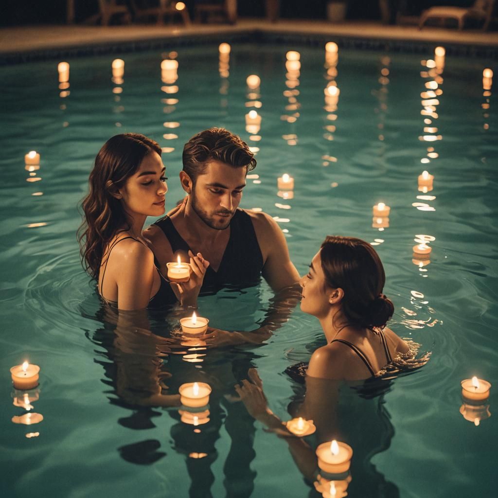 Romantic Poolside Scene with Candles and Moonlight