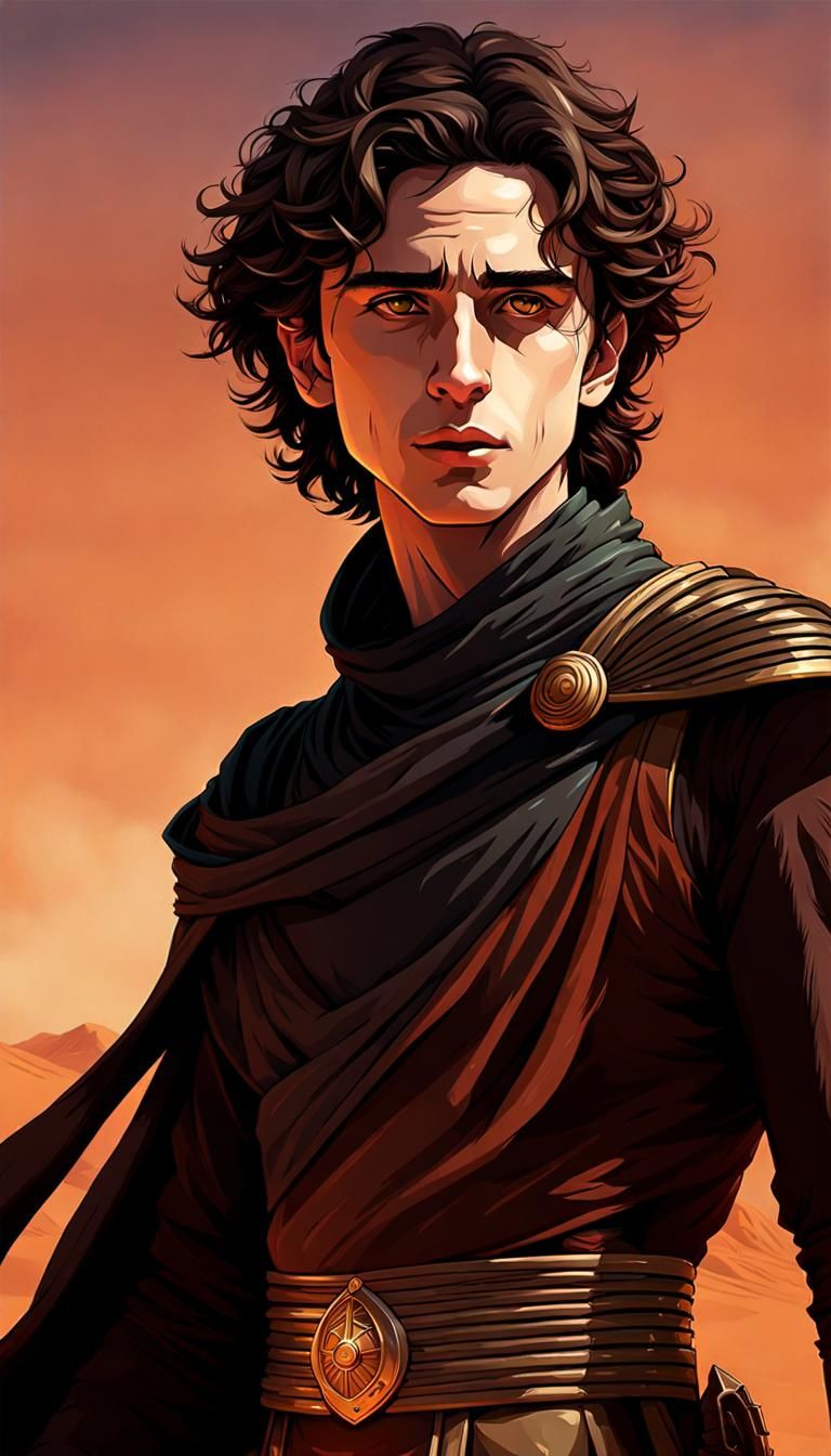 Paul Atreides played by Timothée Chalamet inspired by Frank Herbert's novel Dune