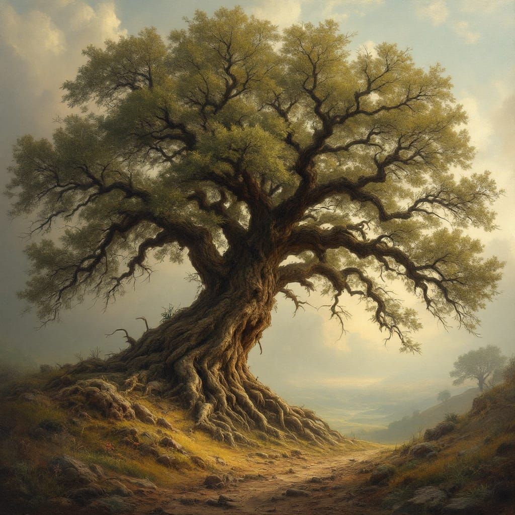 Majestic Oak Tree Symbolizing Time, Romantic Landscape