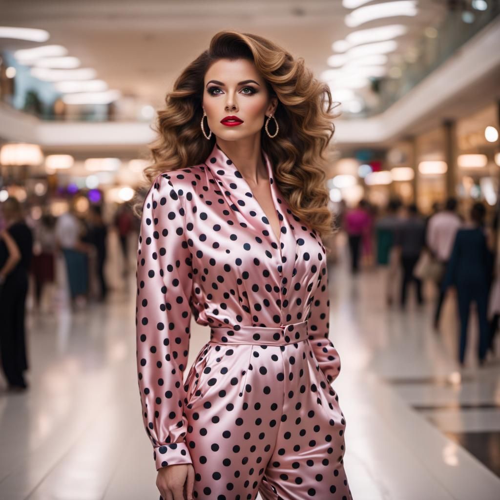 Woman in 80s Satin Jumpsuit at the Mall