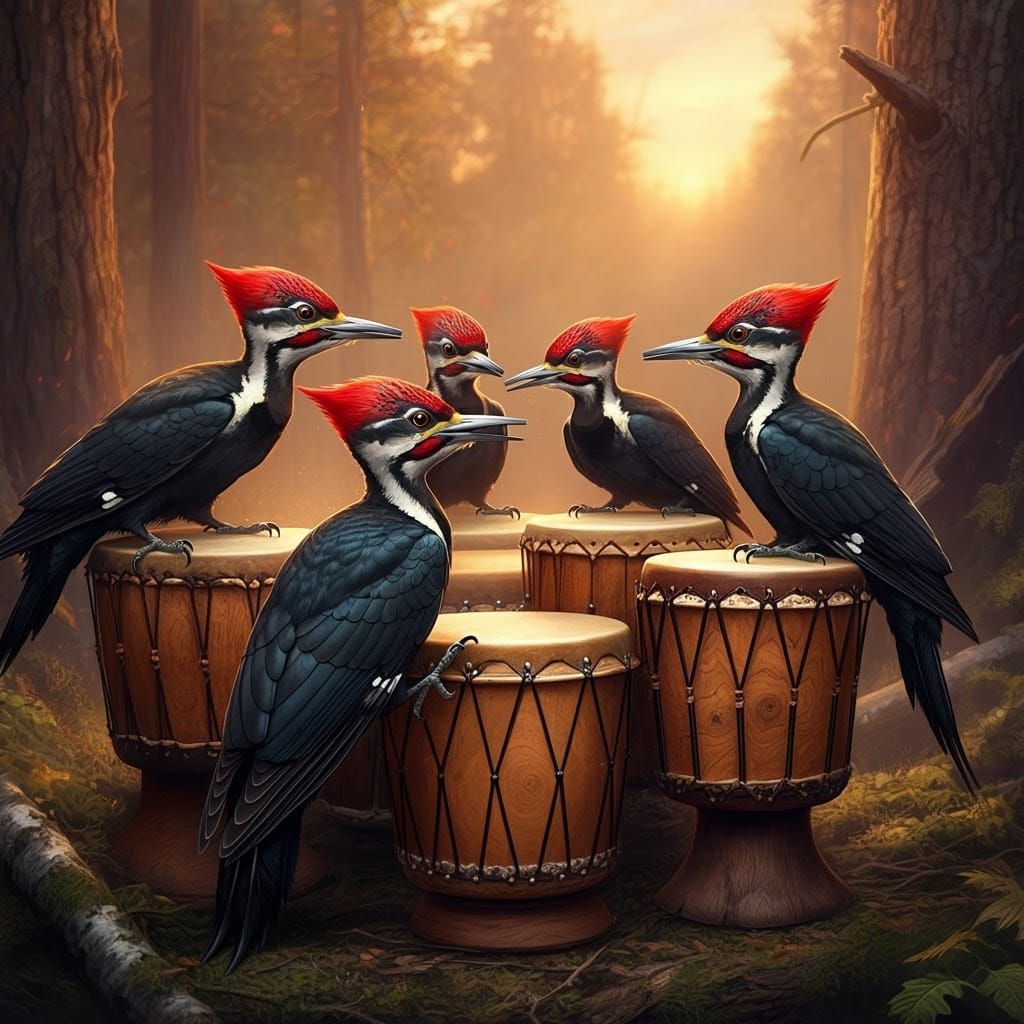 Woodpeckers Play Drums in Sunset Glow