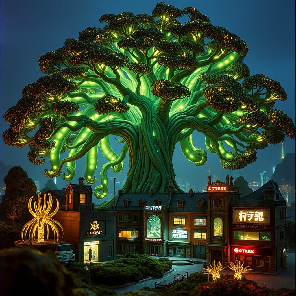 Glowing Tree Dominates Futuristic Miniature Cityscape