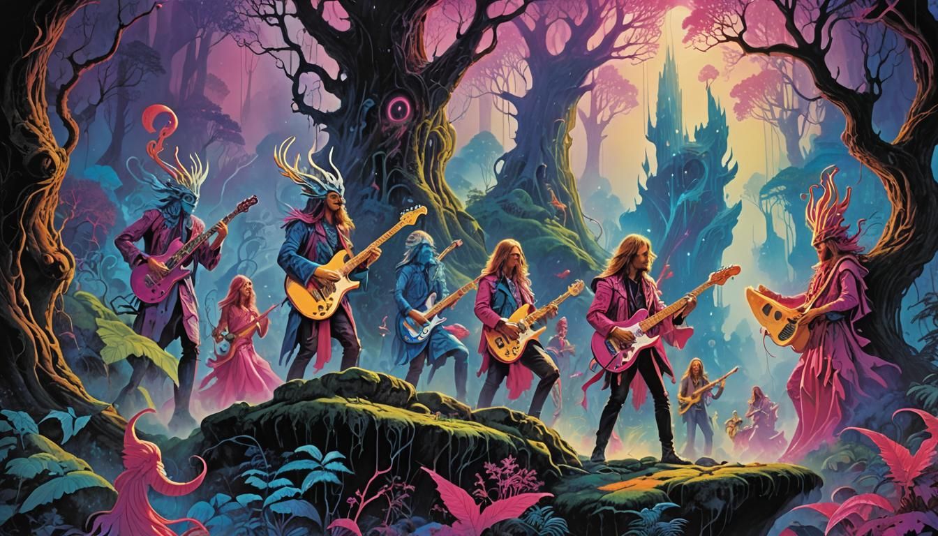 Elfic Rock Band in a Vibrant Forest