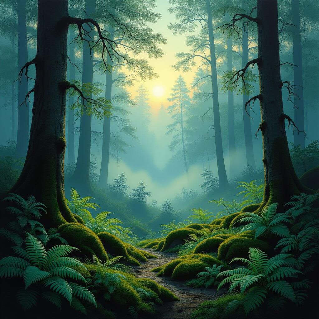 Misty Forest Dawn Landscape in Hudson River Style