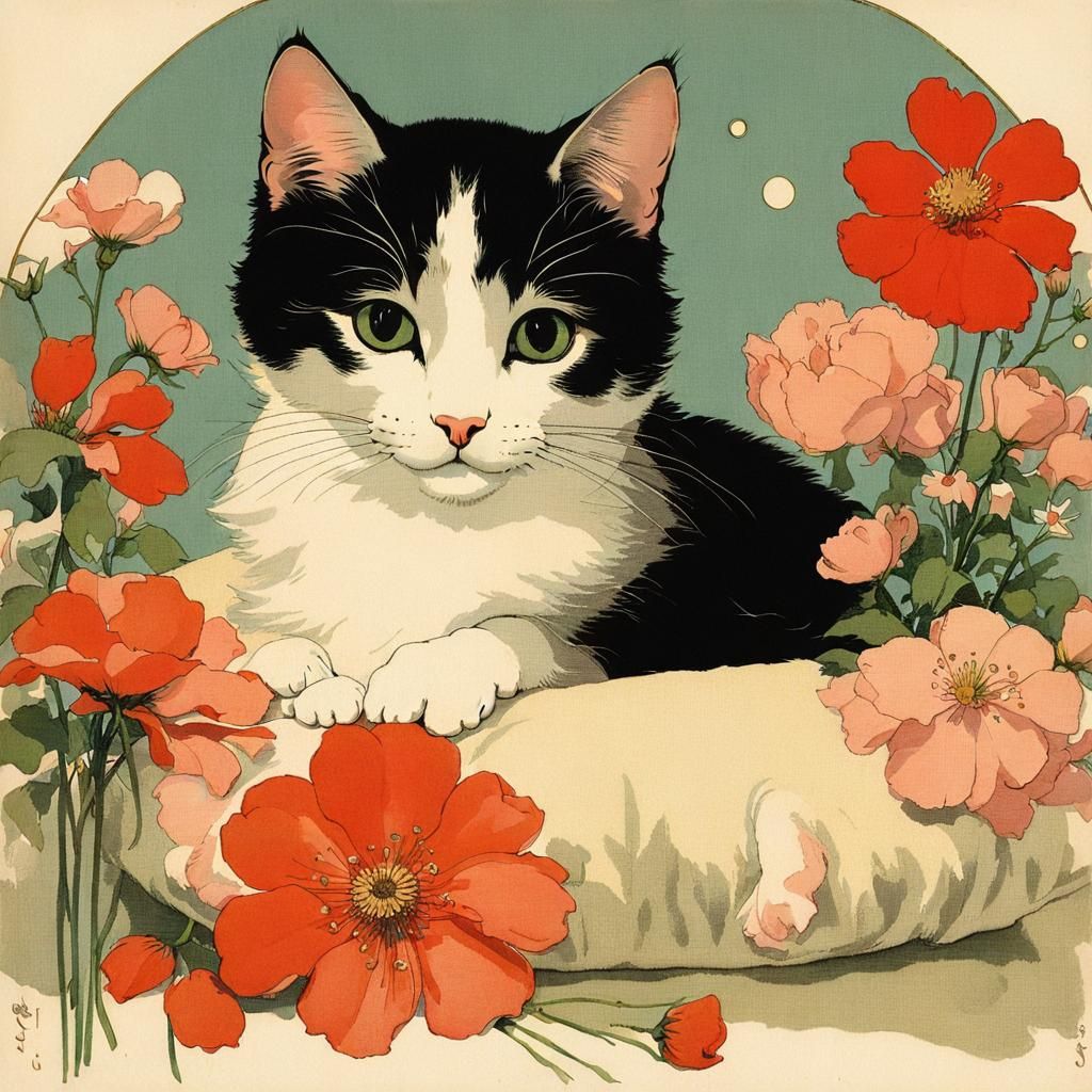 Cute Cat Surrounded by Flowers in Art Nouveau Style