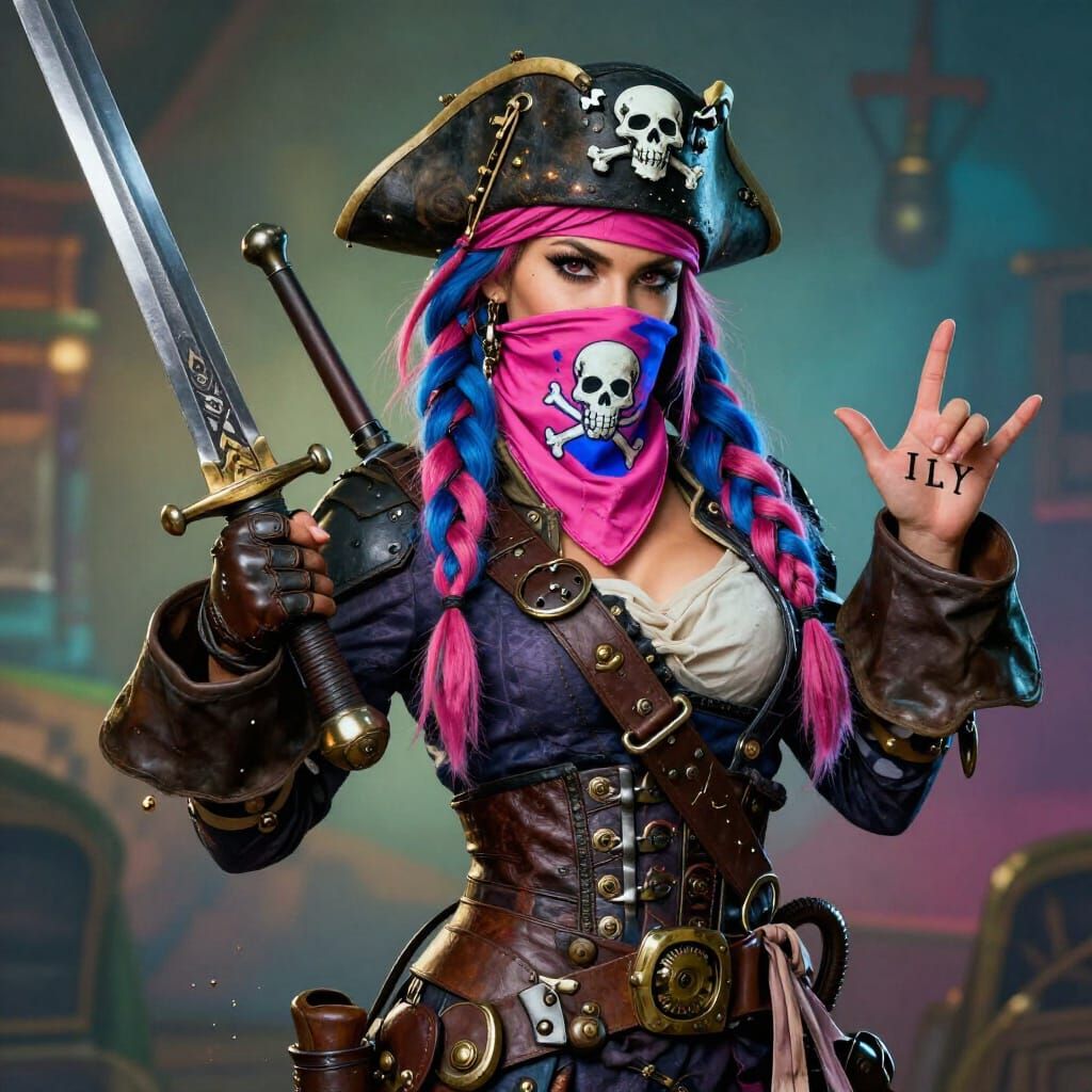 Steampunk Pirate with Colorful Braids and Sword