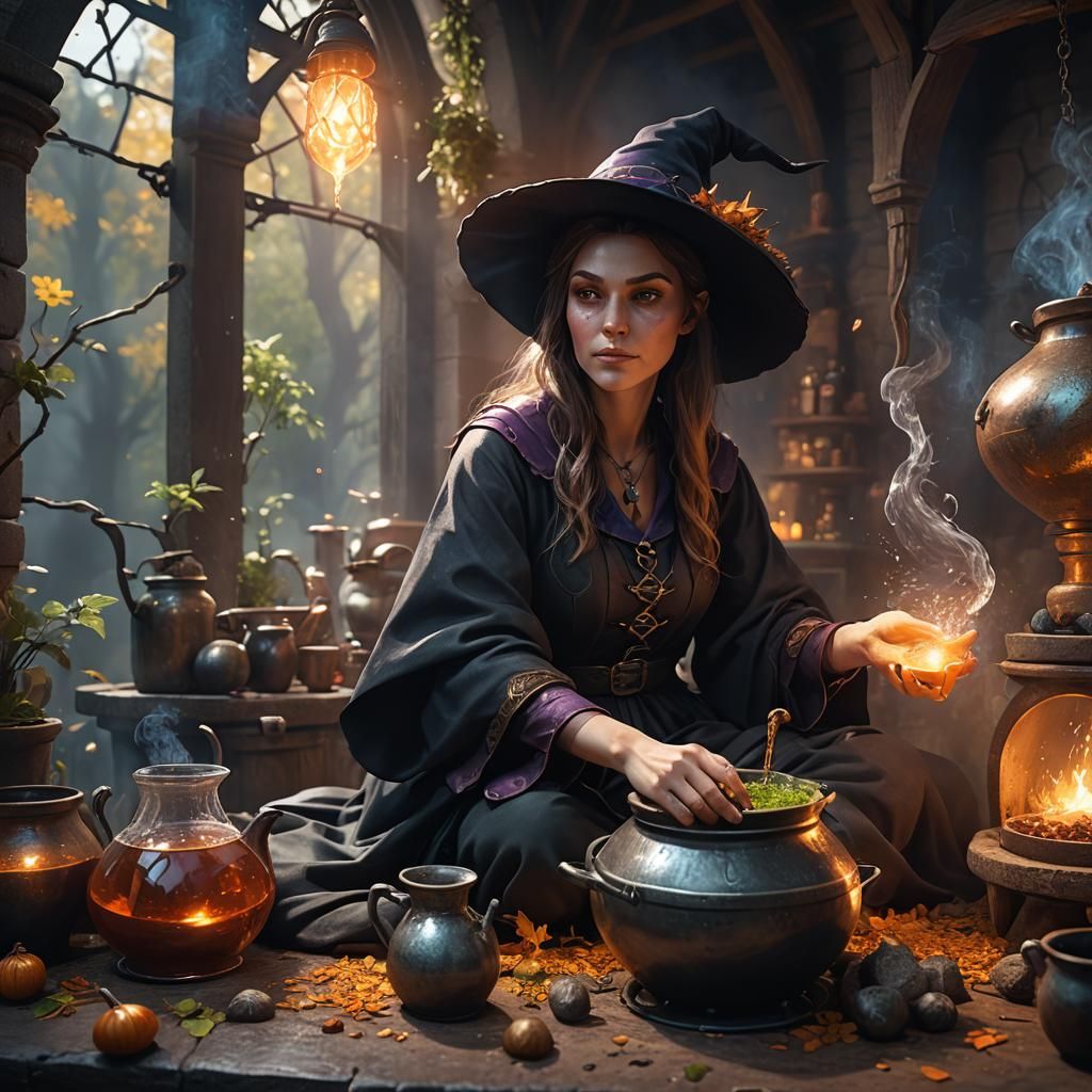 Hyperrealistic Portrait of a Young Witch Brewing Potion