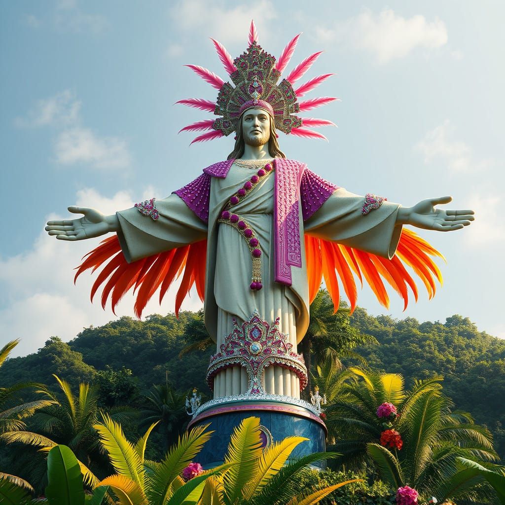 Colossal Christ of the Hill Statue in Rio Carnival Attire