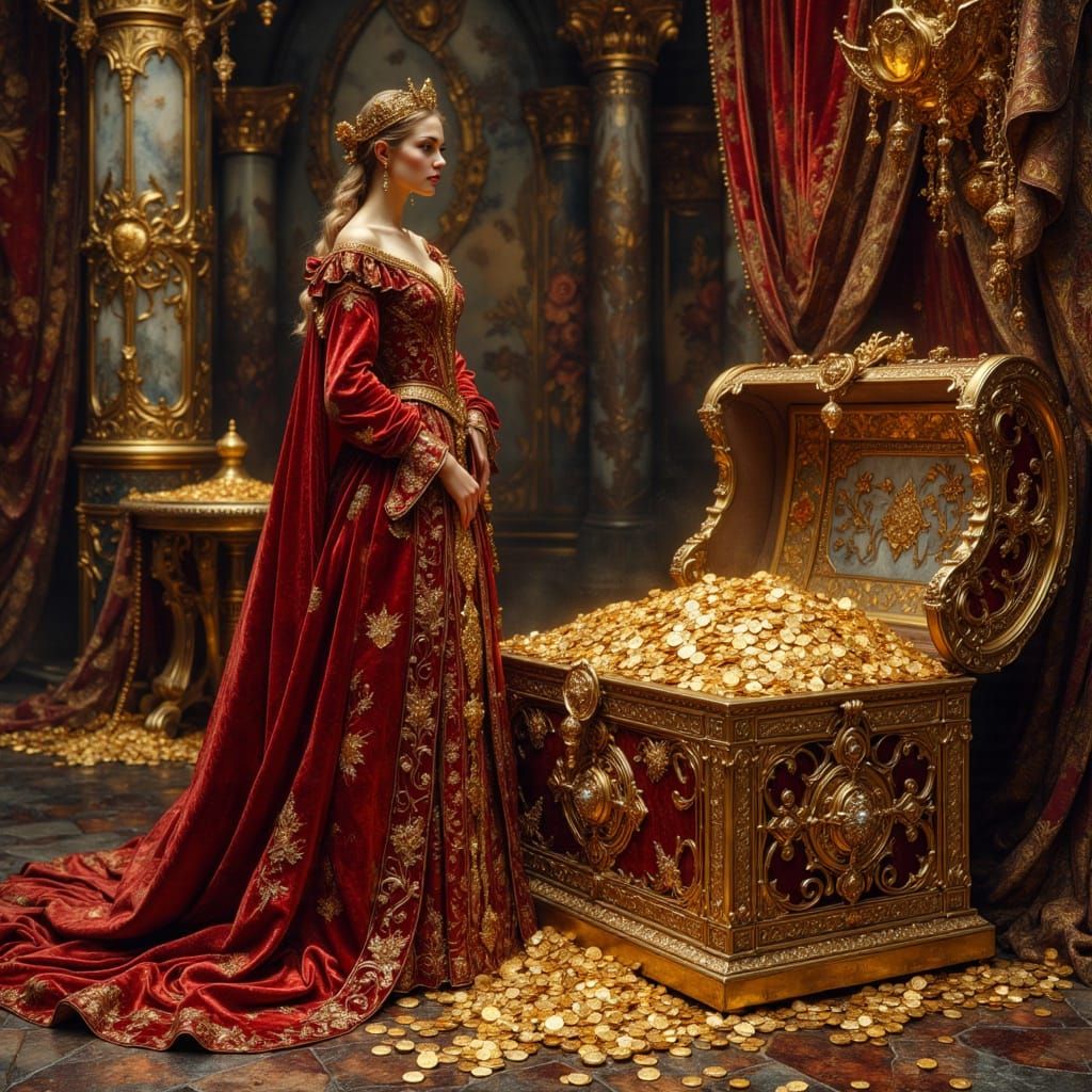 Medieval Queen and Treasure Chest in Art Nouveau Style