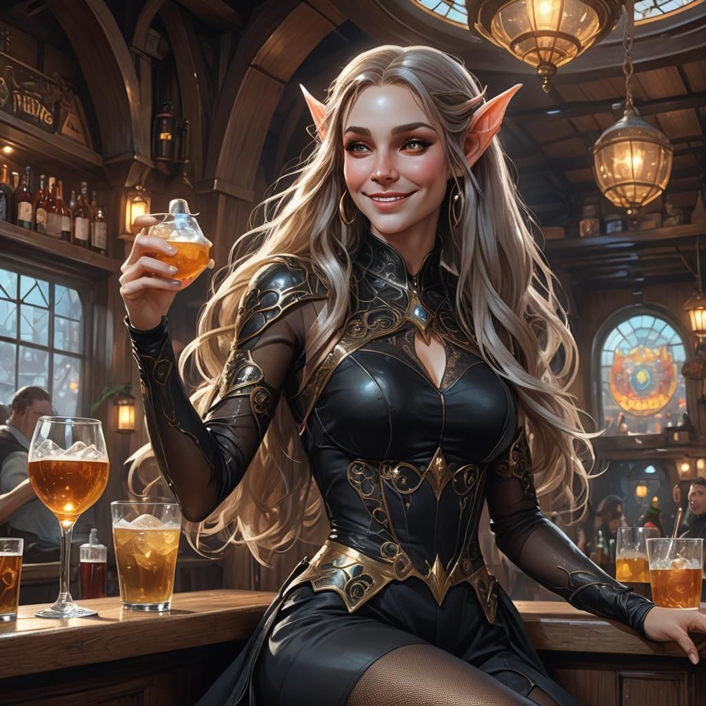 Elf Serving Aliens in Tavern, Detailed Portrait