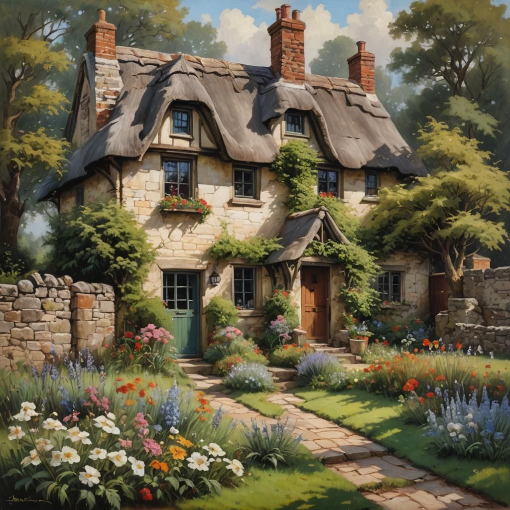 Quaint English Cottage House in Oil Painting Style