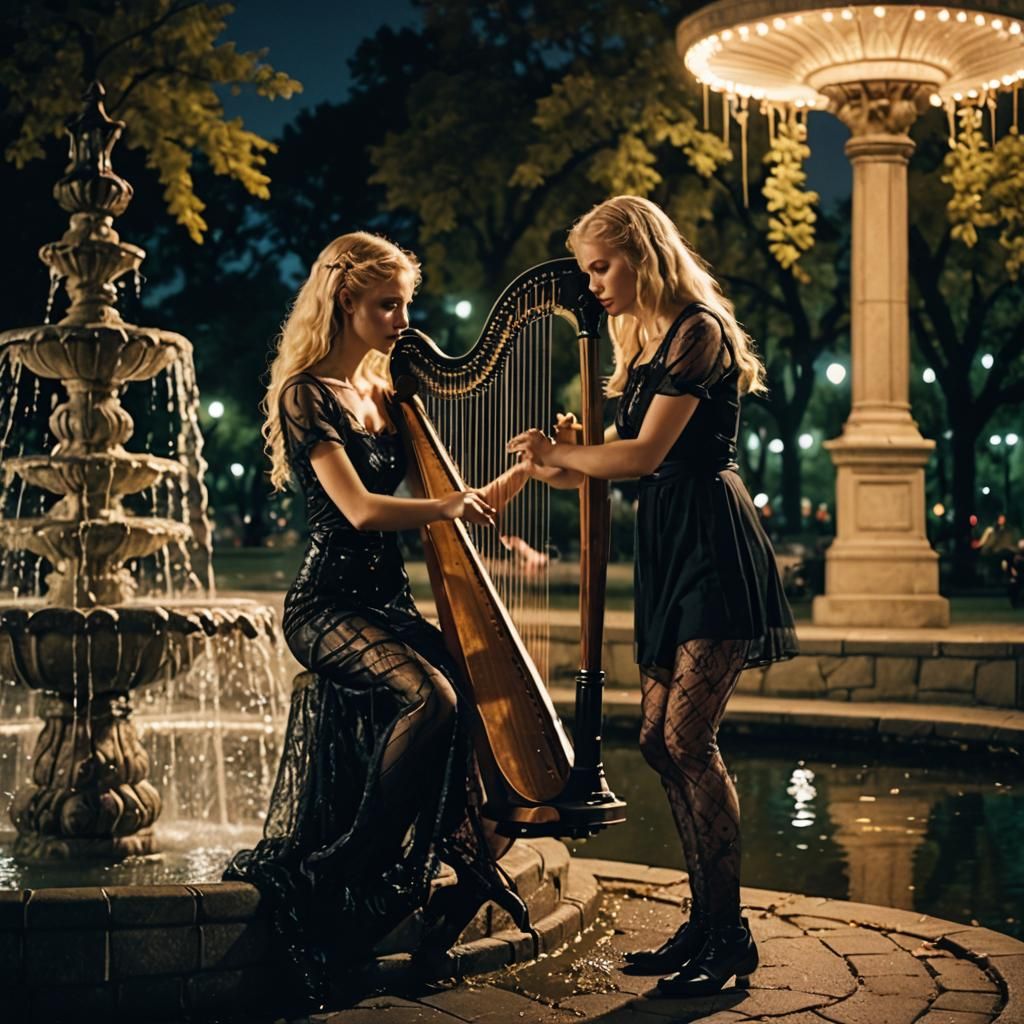 Coquette Plays Harp in City Park at Night