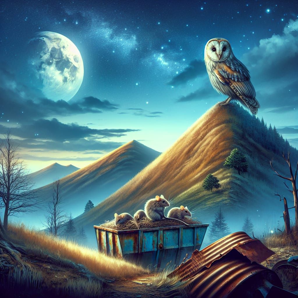 Owl Hunting Mice on Hill at Moonlit Night