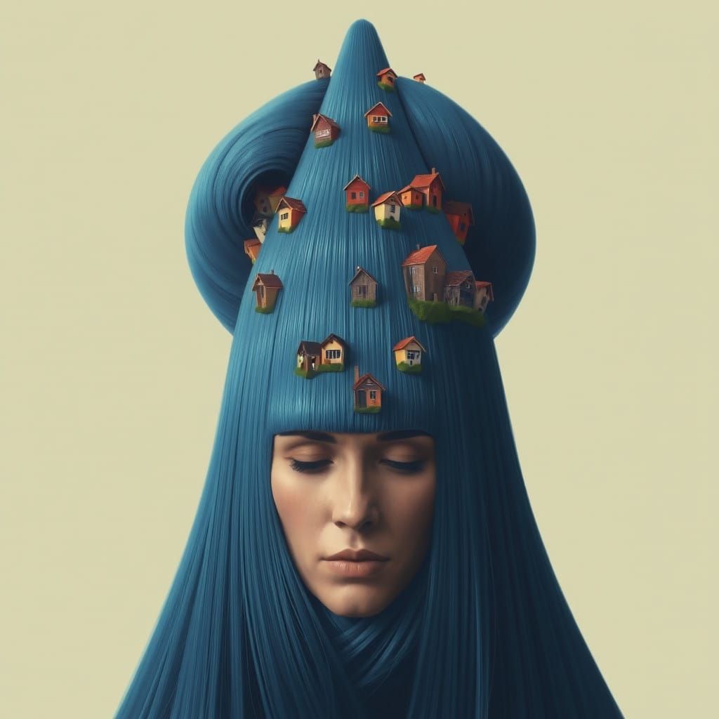 Giant Woman Adorned with Blue Hair Houses